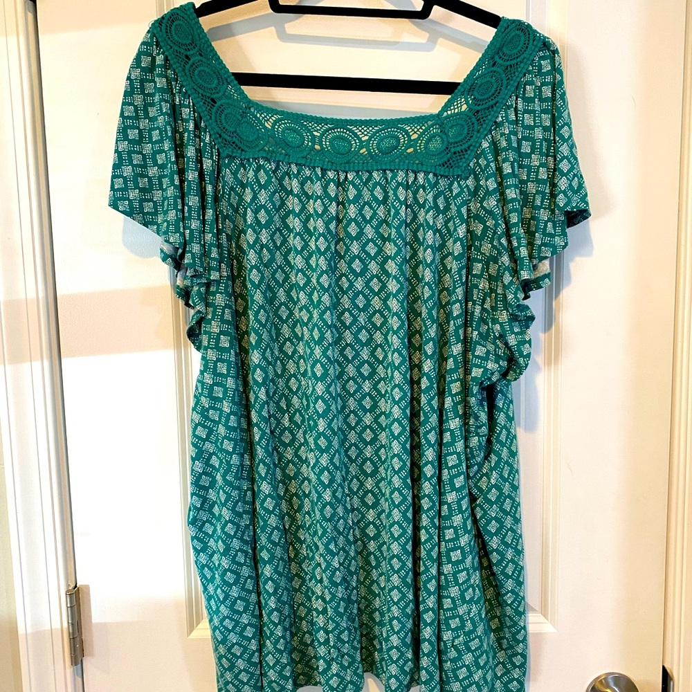 Old Navy Green White Lace Collar 3X Blouse Top